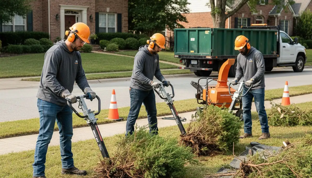Cambridge, MA tree service crew removing overgrown shrubs for a clean, safe landscape