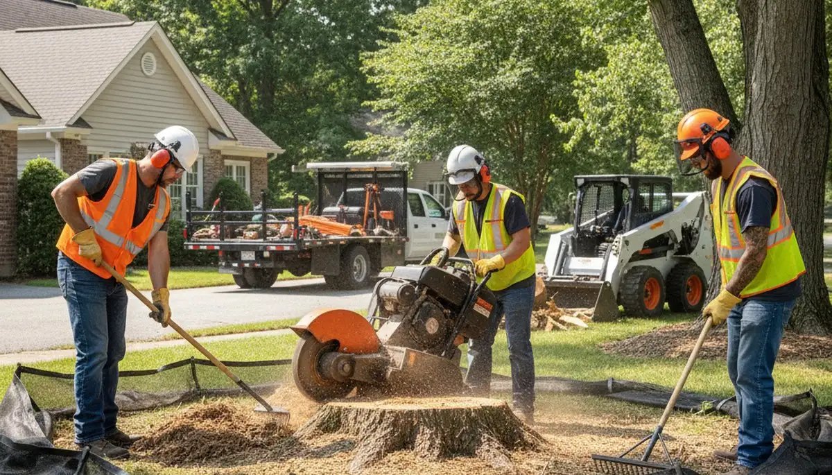 Stump removal in Cambridge, MA by Cambridge Tree Removal clearing an old tree stump from a yard