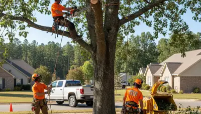 Cambridge, MA tree removal crew safely removing a dead tree for a residential property