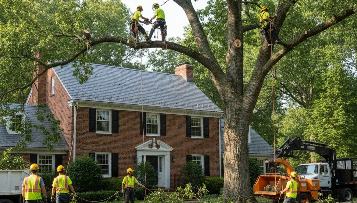Tree service crew in Cambridge, MA performing professional tree removal for a local property