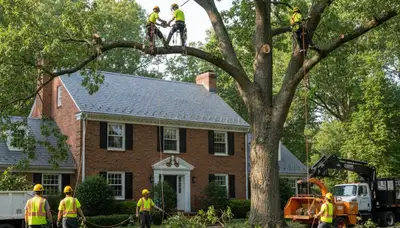 Tree service crew in Cambridge, MA performing professional tree removal for a local property