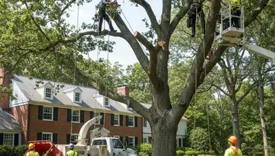 Tree service crew in Cambridge, MA handling safe tree removal for a residential property