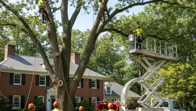 Cambridge, MA tree service crew removing a tree for safe property clearance