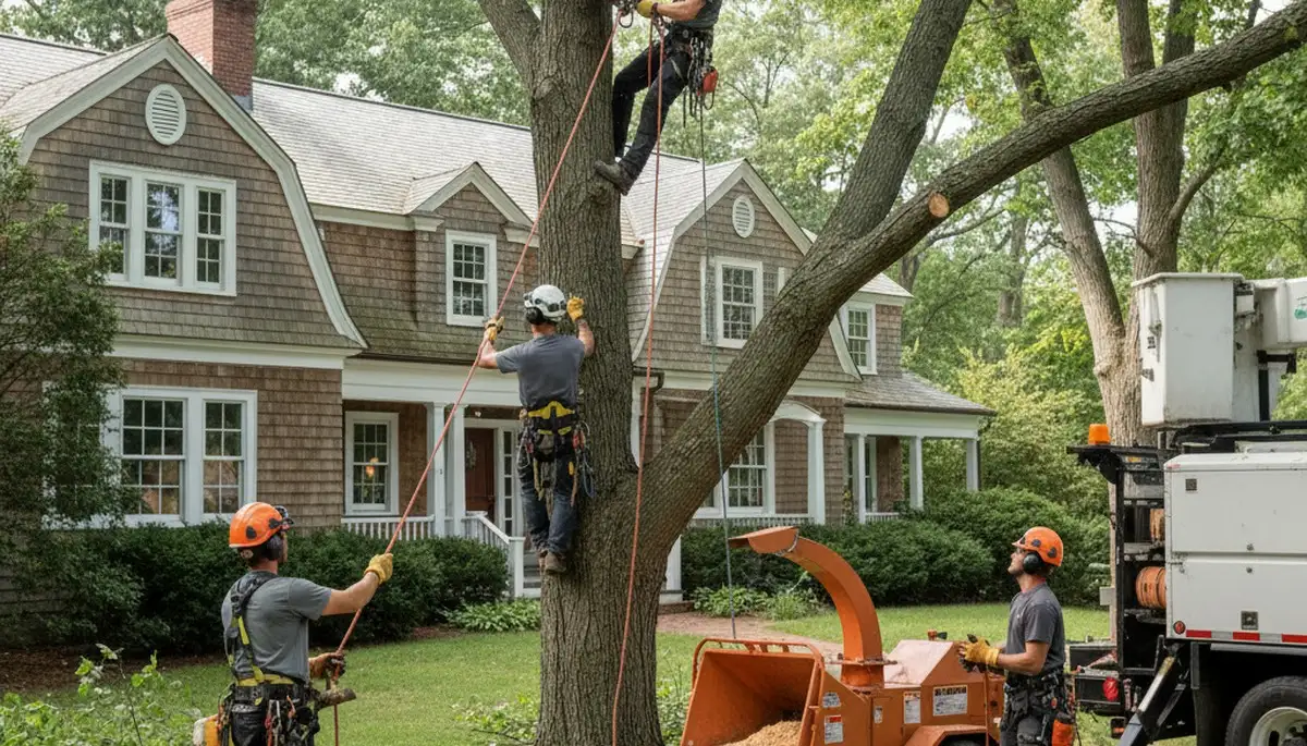 Cambridge, MA tree service crew removing a tree for safe residential property maintenance