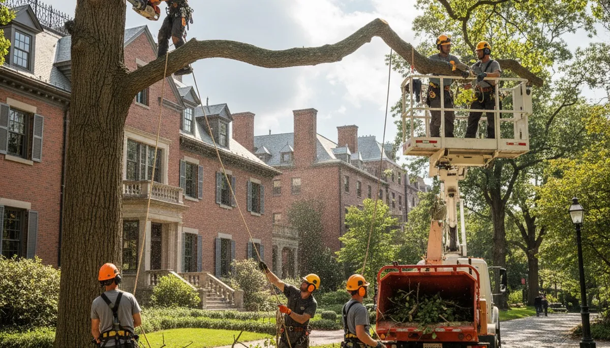 Tree service crew removing a tree in Cambridge, MA for safe property clearance