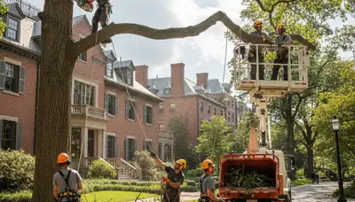 Tree service crew removing a tree in Cambridge, MA for safe property clearance