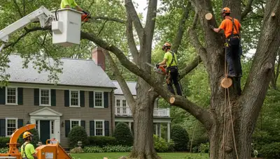 Tree service crew removing a tree in Cambridge, MA for safe residential property maintenance