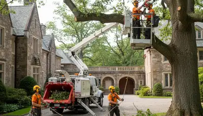 Tree service crew in Cambridge, MA performing professional tree removal for a residential property