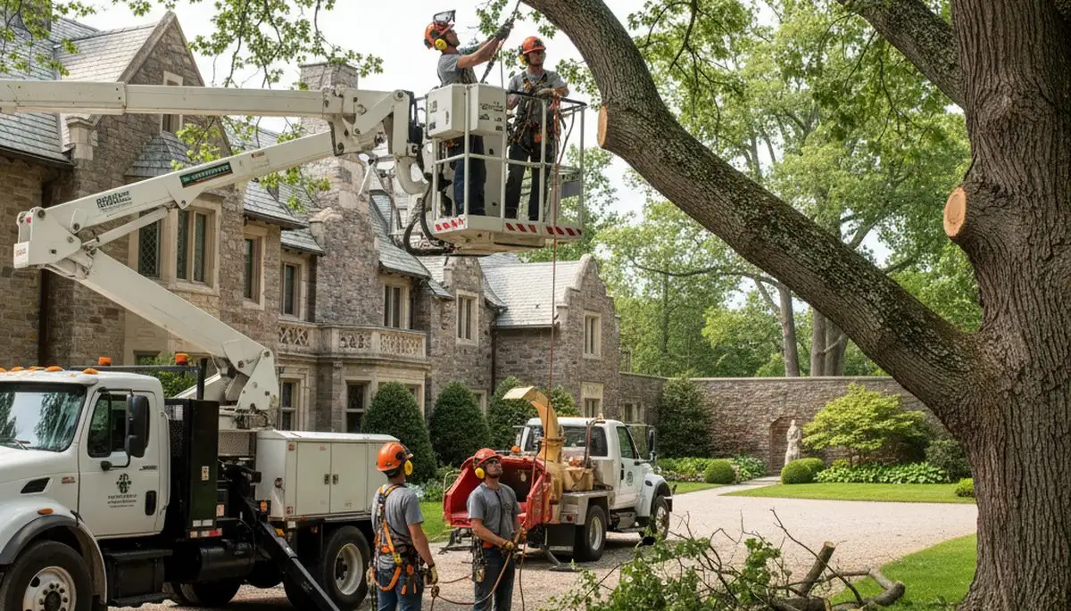 Tree service crew removing a tree in Cambridge, MA for safe residential property maintenance