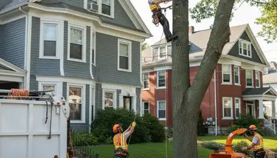 Tree service crew serving Cambridge, MA with professional tree removal and trimming equipment