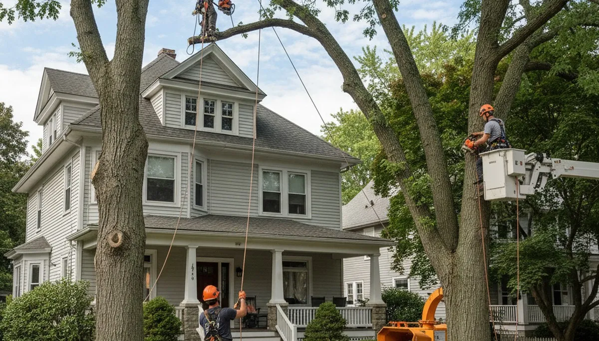 Tree service crew in Cambridge, MA providing safe tree removal for a local property