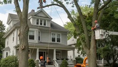 Tree service crew in Cambridge, MA providing safe tree removal for a local property