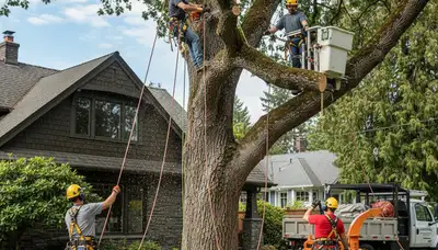 Cambridge, MA tree removal crew servicing a residential property for safe, professional tree care