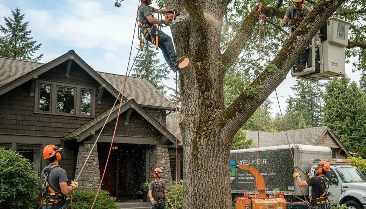 Tree service crew in Cambridge, MA providing professional tree removal for a local property