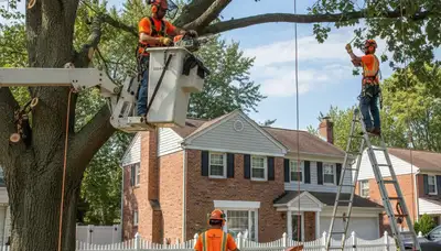 Tree service crew in Cambridge, MA handling safe tree removal for a residential property
