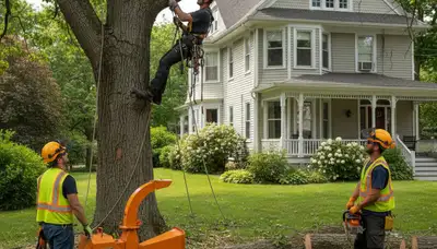 Tree service crew in Cambridge, MA providing professional tree removal and trimming for local properties