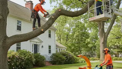 Tree service crew in Cambridge, MA providing professional tree removal and trimming for homeowners