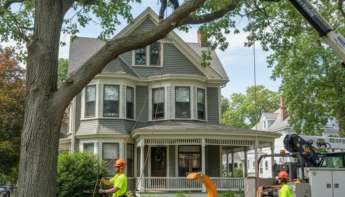 Tree service crew in Cambridge, MA performing professional tree removal for a local property