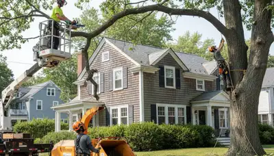 Tree service crew removing a tree in Cambridge, MA for safe residential property maintenance