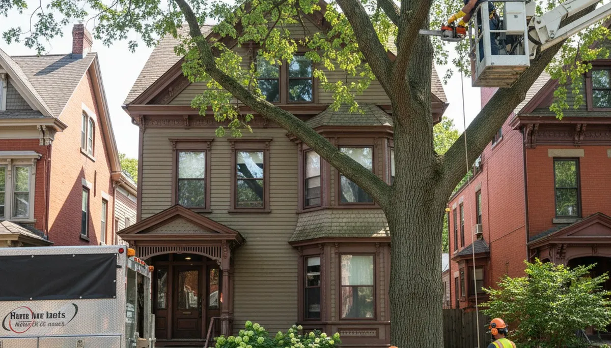Tree service crew removing a tree in Cambridge, MA for safe residential property clearance
