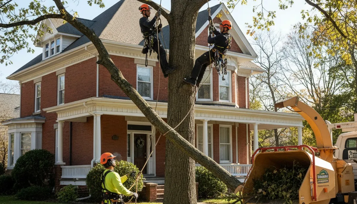 Tree service crew in Cambridge, MA performing professional tree removal for a local property