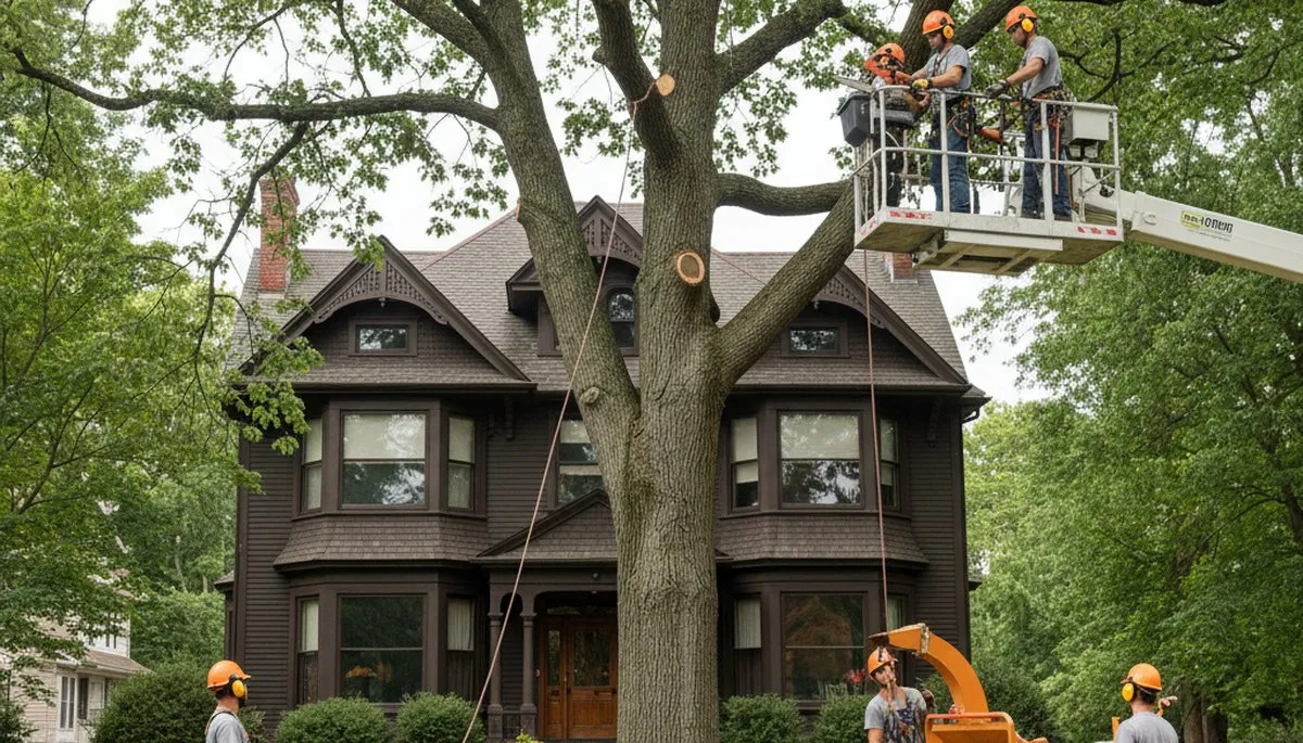 Cambridge, MA tree service team removing a tree for safe residential property clearance