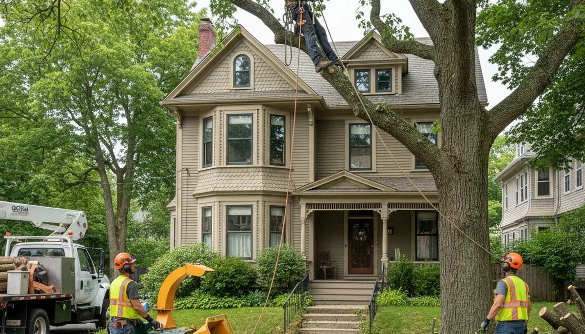 Tree service crew trimming a tree in Cambridge, MA for safe removal and property care