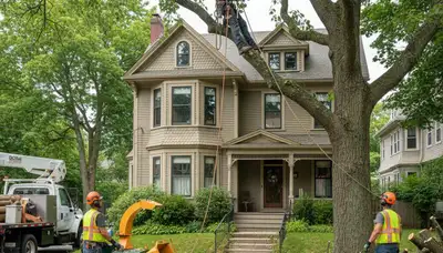 Tree service crew trimming a tree in Cambridge, MA for safe removal and property care