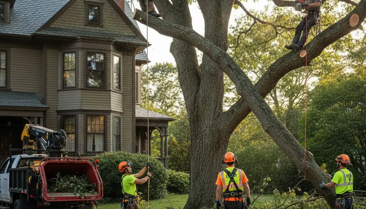 Tree service team in Cambridge, MA performing professional tree removal and trimming work
