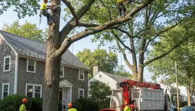 Tree service crew in Cambridge, MA removing a tree for safe residential property maintenance
